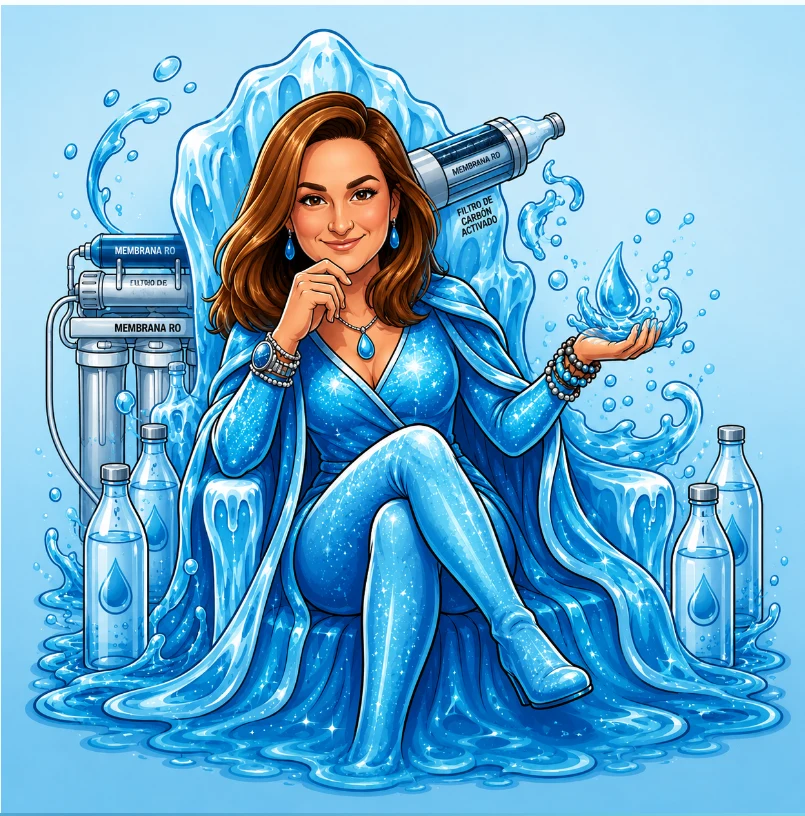 Illustrated portrait of The Water Woman surrounded by reverse-osmosis filtration equipment and bottled water